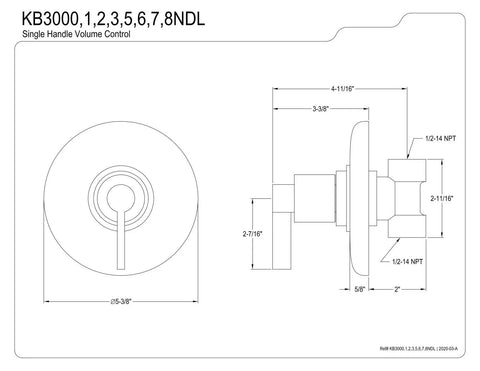 Technical diagram of NuvoFusion Two Way Volume Control Shower Diverter Valve in Antique Brass Finish with dimensions.