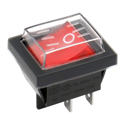 Rocker Switch On Off DPST 4 Terminals With Red Indicator Light 16A 250VAC Weatherproof Cover visible with red indicator and terminals.