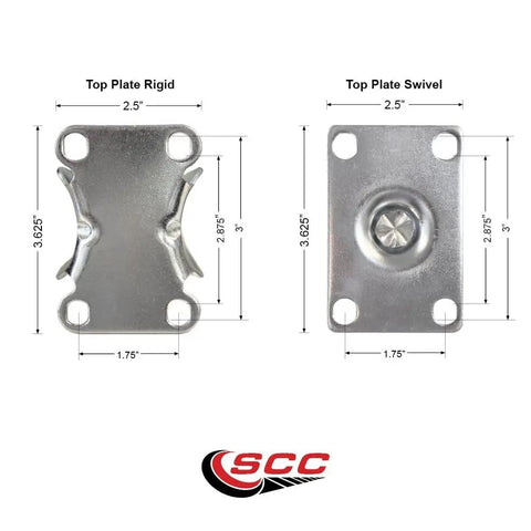 Top plate design of Beefy Swivel Top Plate Caster Set Of 4 With 3 Inch Silver Wheels Semi Steel Cast Iron Casters Includes Two Swivel With Posi Lock Brakes And Two Rigid For 1200 Lb Total Capacity