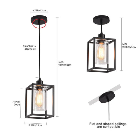 Rock Solid Black Pendant Lights For Kitchen Island, 3 Pack Sleek Industrial Farmhouse Lanterns dimensions and adjustable height details.
