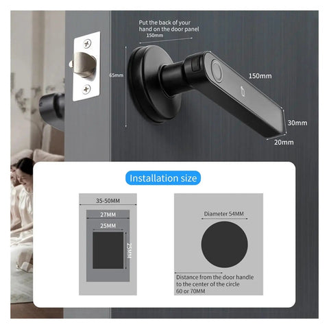 Smooth Operator Fingerprint Door Lock Handle Deadbolt With App Control Digital Password And Ic Card Access For Total Home Security Glow Up Quick Install Keyless Entry System installation size diagram showing measurements for proper fitting.