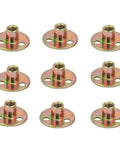 Built Like A Tank Zinc Plated Carbon Steel Screw In T Nuts With 5 16 18 Thread, round base flanges in gold finish, pack of 12.