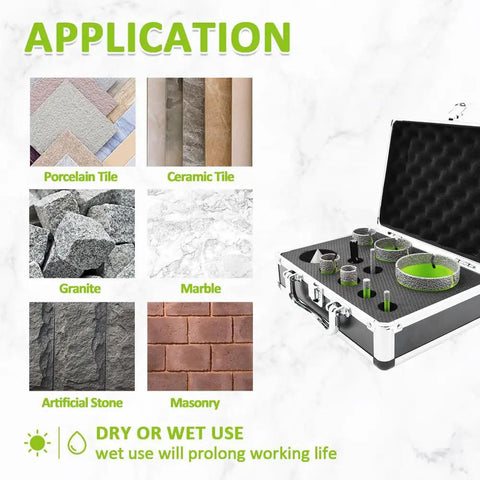 Diamond Core Drill Bit Set For Porcelain Ceramic Tile Granite Marble, Pro Grade 10 Piece Hole Saw Kit applications and drill bits display