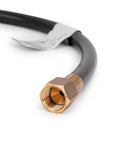 Close-up of brass 3/8 inch flare swivel fitting on a black propane regulator hose end