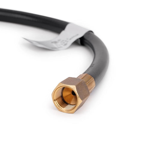 Close-up of brass 3/8 inch flare swivel fitting on a black propane regulator hose end