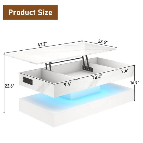 47.2 Inch Lift Top Coffee Table With LED Lights And Charging Station dimensions with open lift-up design