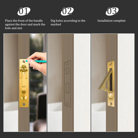 Pocket Door Pull And Edge Pull Set Brushed Gold 6 Inch Handles Hardware Latch installation steps shown in 3 panels