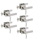 Set of six keyed entry lever locks for exterior doors, reversible handle, zinc alloy with satin nickel finish, adjustable backset