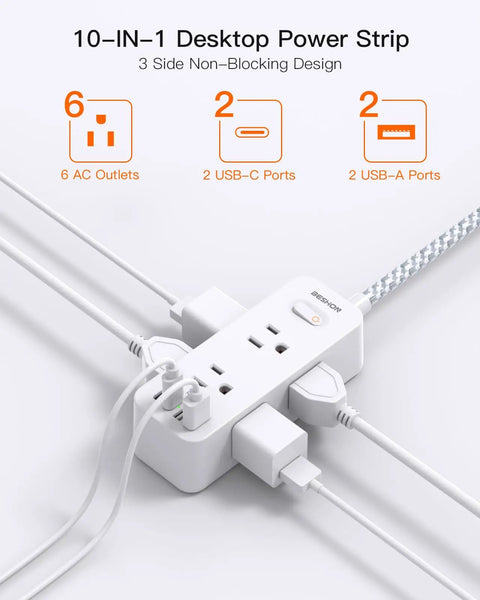 10 In 1 Power Strip With USB C And 6 Outlets, 4 USB Ports, 2 USB C, 5 Ft Extension Cord, 3 Sided Outlet Extender connected to devices