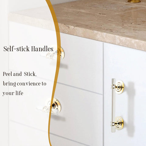 Two Pack Clear Acrylic Adhesive Cabinet Pulls With Center Hole 5 Inch Self Stick Knobs installed on cabinet drawers