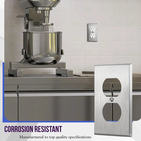 Heavy Duty Tough As Nails Stainless Steel Duplex Receptacle Wall Plate 1 Gang 4.50 By 2.76 Inches UL Listed Silver in kitchen.