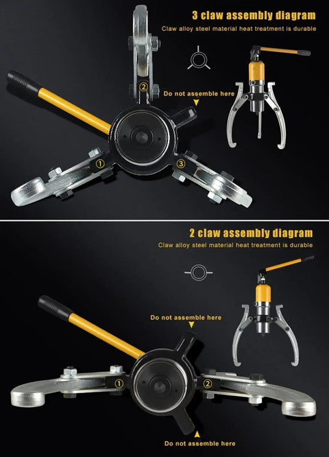 Real Deal Heavy Duty Hydraulic Gear Puller And Bearing Separator Tool diagram showing 2 and 3 jaw assembly for effective use.