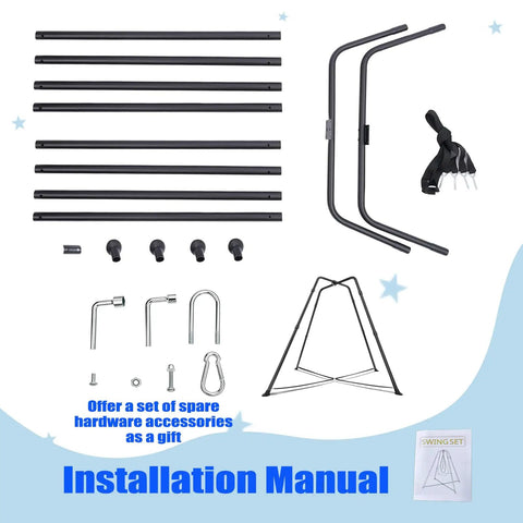 Installation manual and parts for All-In-One Swing Stand With Nest Swing Chair And Detachable Play Tent, X-Shaped Heavy-Duty Frame.
