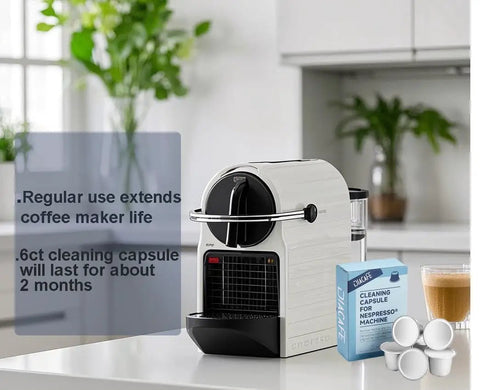 Cleaning Capsule Pods For Nespresso OriginalLine Machines 6 Pack Descaling Pods And Cleaning Solution To Remove Residue And Oils Keep Your Brew Fresh For Real Strong Flavor And Machine Running Smooth, pods beside machine