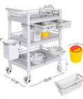 Workhorse 3 Tier Medical Cart On Wheels With 330 Lbs Max Load, Rolling Ultrasound Trolley With Drawers, Dirt Bucket, Sharps Box And Storage Basket For Hospital, Dental Clinic And Home Use, side view with measurements