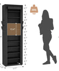 Vertical Narrow Shoe Rack Organizer Ten Tier Tall Shelf That Holds 20 To 22 Pairs, Space Saving Design With Dimensions, Black