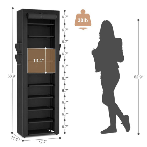 Vertical Narrow Shoe Rack Organizer Ten Tier Tall Shelf That Holds 20 To 22 Pairs, Space Saving Design With Dimensions, Black