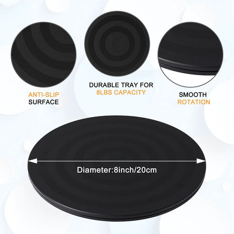 8 Inch Heavy Duty Turntable Stand With Non Slip Swivel Base And Steel Ball Bearings, 360 Degree Rotation For Plants Monitors TVs Models And Crafts, Built Tough With Smooth Jam Free Spin showing anti-slip surface and smooth rotation features.