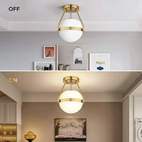 Dope Mid Century Globe Semi Flush Mount Ceiling Light In Brushed Gold With Milky White Glass Shade Industrial Style Fixture for living room.