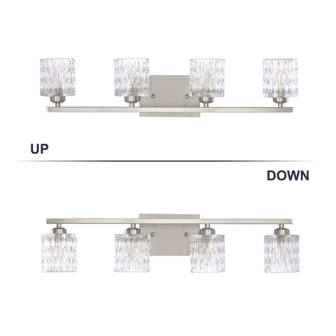 4 Light Modern Crystal Glass Bathroom Vanity Light Fixture Over Mirror In Brushed Nickel Finish G9 Bulb Excluded Wall Sconce Lighting That Feels Lit For Bathroom Hallway And Living Spaces, dual mount.