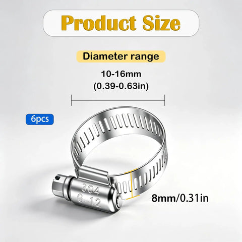 Stainless steel hose clamp, 10-16mm diameter range, 8mm band width, 6pcs set