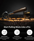 58mm Bottomless Naked Portafilter Straight Shooter Design For Breville Espresso Machines Includes Double Shot Filter Basket on wooden board with coffee beans