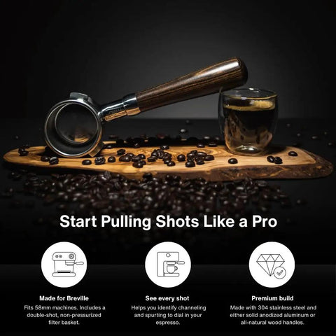 58mm Bottomless Naked Portafilter Straight Shooter Design For Breville Espresso Machines Includes Double Shot Filter Basket on wooden board with coffee beans