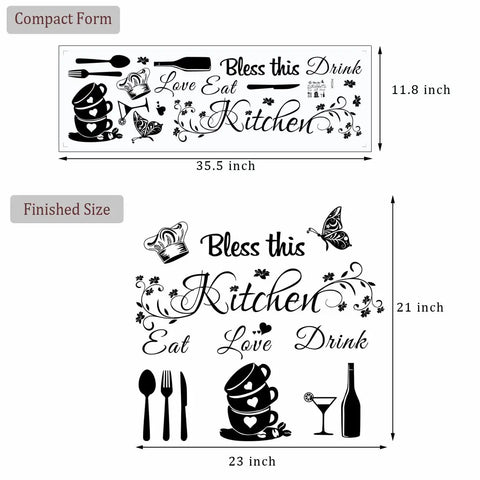 Kitchen Wall Stickers Peel And Stick Vinyl Decals with 'Bless this Kitchen' quote, utensils, and coffee cups in black.