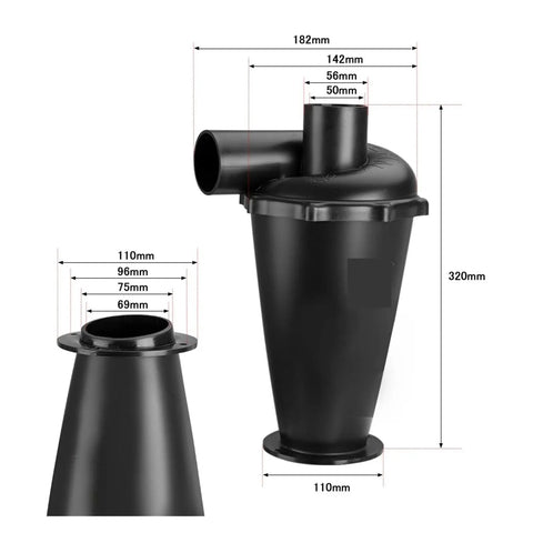 Schematic image of the Sixth Gen Sn50t6 Turbo Dust Collector With Dual Cyclone Separator dimensions in black plastic.