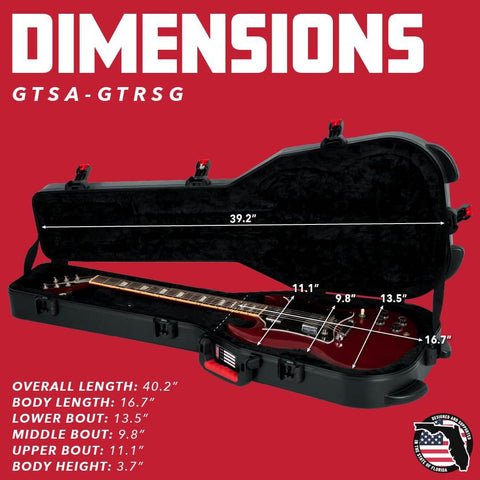 Open Molded Flight Case For SG Style Double Cutaway Guitars With ATA Roto-Molded Polyethylene Shell showing interior dimensions.