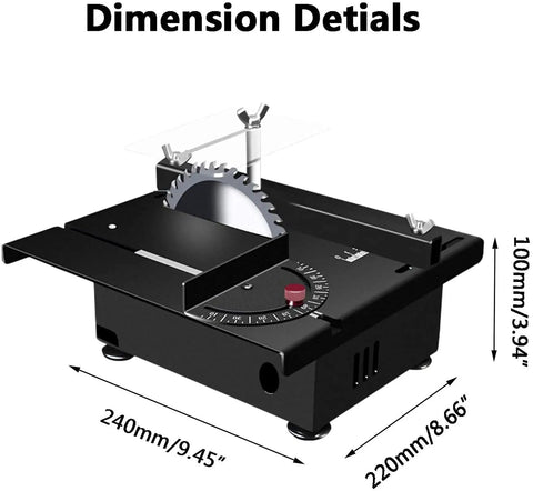 Badass Compact Mini Table Saw With Adjustable Speed Control And Precision Angle Guide For Diy Woodworkers dimensions displayed.