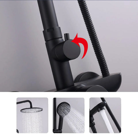 Exposed Shower System with Tub Spout 180° Rotating White control mechanism showing rotating knob and shower details.