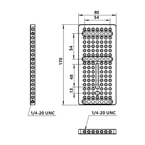 Built Different Multipurpose Aluminum Camera Cheese Plate With 1/4 And 3/8 Thread Adapter dimensions drawing, 170x80mm, top view and side view.