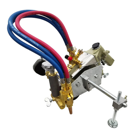 Shop Rugged Portable Gas Steel Cutter Slides Through 0.2 To 1.2 Inch Plate With Dual Torch Heads And Three Quick Change Tips 110V Operation with hoses and control knobs.
