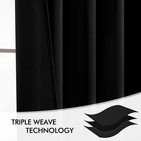 Two Panel Blackout Curtains 96 Inch Long for Living Room and Bedroom shown with triple weave technology diagram