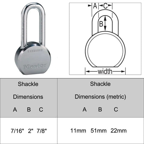 Three High Security Pro Series Keyed Alike Padlocks With BumpStop Technology, Hardened Steel Body, 6230NKALH-3 shackle dimensions chart