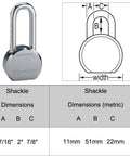Diagram showing shackle dimensions of Beefy High Security Pro Series Padlocks Four Pack Keyed Alike With Eight Keys Featuring BumpStop Technology.
