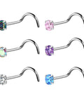G23 Nano Pure Titanium Nose Studs Pack of 6 Has 18G and 20G Screw Back Press Fit Closure Ideal for Sensitive Skin With Hypoallergenic Build and Nickel Free Super Sparkling Cubic Zirconia Ends Bring Serious Bling to Your Setup showing colorful gems.