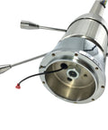 Close-up of AngyMeck stainless steel polished 32-inch tilt manual steering column with 9-hole wheel adapter