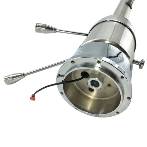 Close-up of AngyMeck stainless steel polished 32-inch tilt manual steering column with 9-hole wheel adapter