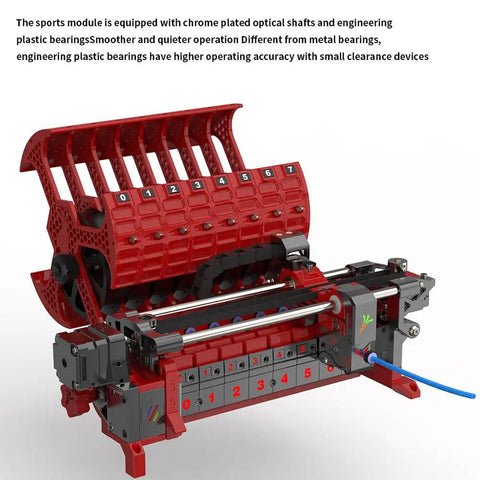 Ercf V2 Eight Or Twelve Channel Filament Switch System For Multi Color 3D Printing showing chrome plated shafts and red engineering plastic design.