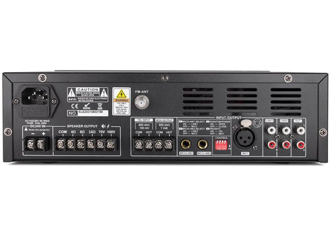 Back view of 60W 7 Channel Bluetooth Mixer Amplifier with XLR, RCA inputs, USB TF card slots, output connectors for commercial audio systems.