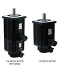 Two 130 servo motors with black heat-sink fins and top shafts; left with brake, right standard.