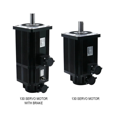 Two 130 servo motors with black heat-sink fins and top shafts; left with brake, right standard.