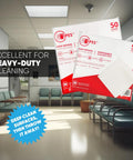 Lint Free Microfiber Cleaning Cloths 16 By 16 Inch Disposable Pack 50 Count Highly Absorbent displayed in a clean room.