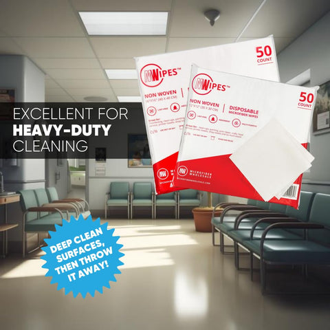 Lint Free Microfiber Cleaning Cloths 16 By 16 Inch Disposable Pack 50 Count Highly Absorbent displayed in a clean room.