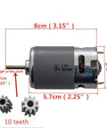Diagram of Two Pack Universal RS550 12V Electric Motor with 40000 RPM showing dimensions and gear spares for RC cars and toys.