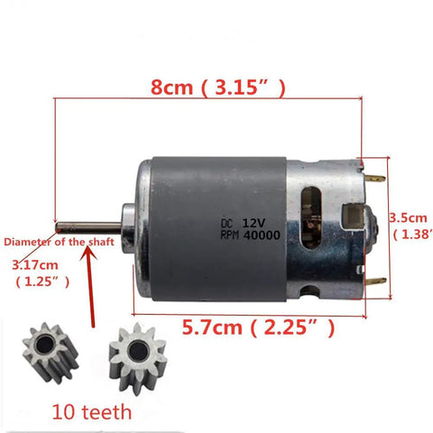 Diagram of Two Pack Universal RS550 12V Electric Motor with 40000 RPM showing dimensions and gear spares for RC cars and toys.