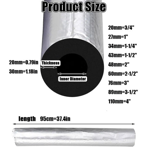 Waterproof Pipe Insulation Wrap For Outdoor Use showing aluminum shield, dimensions, and size options for various pipes