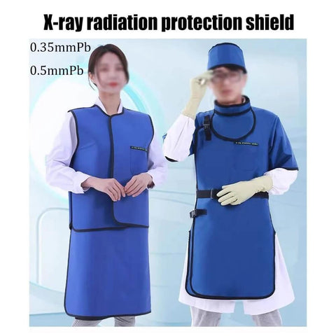 Heavy Duty Radiation Shield Lead Apron For Medical And Dental Use displayed on mannequins in blue with 0.35mm and 0.5mm Pb labels.
